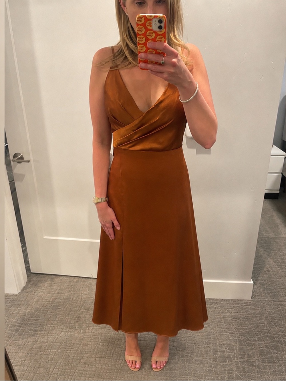 Jenny Yoo Satin Bridesmaid BECKETT V-Neck Tea Length Dress in COPPER